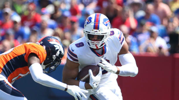 Bills tight end O.J. Howard runs for yards after the catch during the Bills preseason game against Denver Saturday, Aug. 20, 2022 at Highmark Stadium. Buffalo won the game 42-15.
